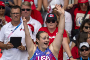Noelle Malkamaki celebrates her victory at Women's Shot Put F46 Final at the Stade de France during the 2024 Paralympic Summer Games in Paris. (AP Photo/Emilio Morenatti)