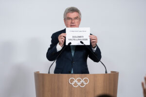 IOC President Thomas Bach announces the Host of the Winter Youth Olympic Games 2028. Photograph: IOC/Greg Martin