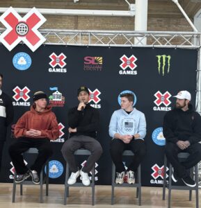 From left, Keegan Palmer, X Games CEO Jeremy Bloom, Hannah Roberts and Ryan Sheckler talk about the X Games coming to Salt Lake City in June at the Utah State Fairpark. Photo by Matt Traub/SportsTravel